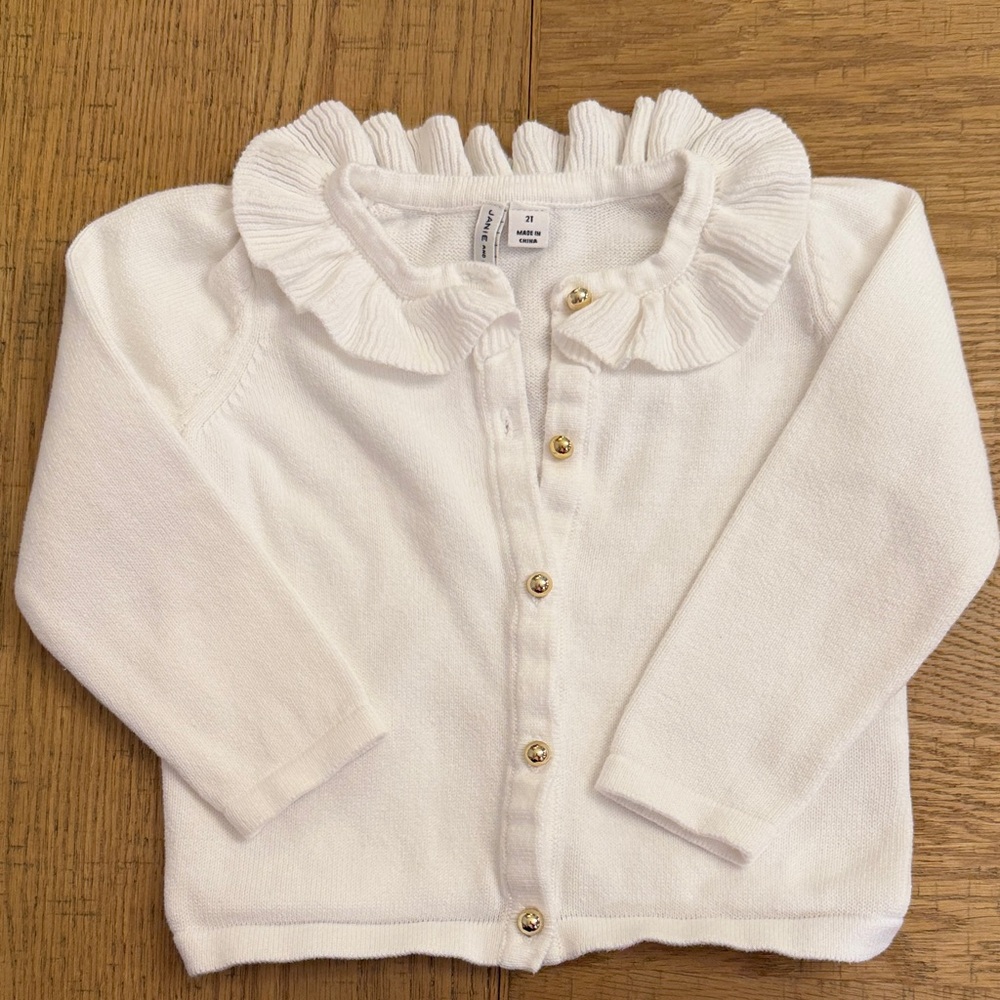 2T Janie and Jack Cream Ruffle Collar White Cardigan with Gold Buttons